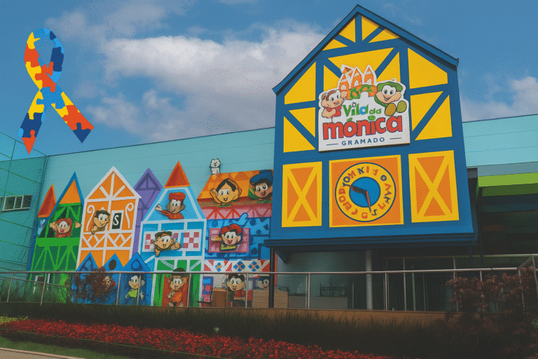 Fachada da Vila da Mônica Gramado mostrando sinalização de acessibilidade para autistas e PcD com decoração colorida
