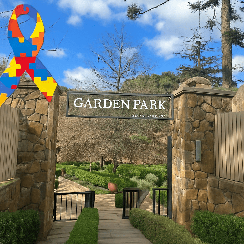 ChatGPT Image 27 de jun. de 2025, 14_29_57 Entrada do Garden Park em Gramado, Rio Grande do Sul, com portão de pedra e jardim verde ao fundo. No canto superior esquerdo, laço colorido do autismo com estampa de peças de quebra-cabeça simbolizando inclusão.