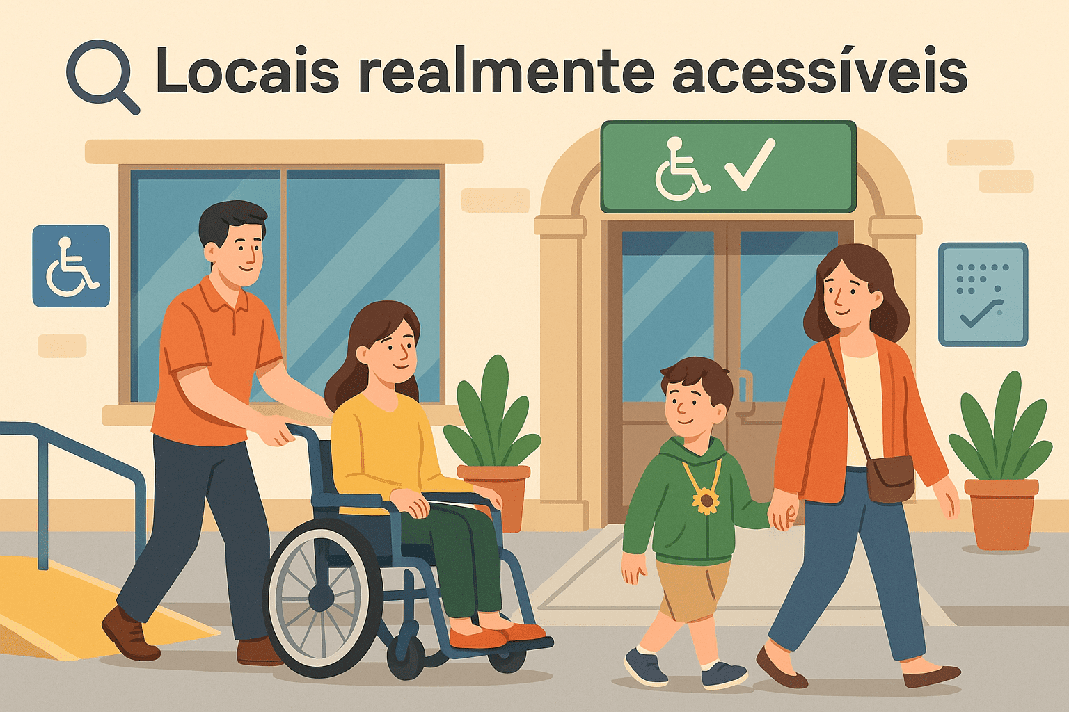 Ilustração colorida mostrando uma família chegando a um prédio acessível. Um homem empurra uma mulher em cadeira de rodas por uma rampa amarela, enquanto uma mulher segura a mão de um menino com cordão de girassol. Há placas de acessibilidade, piso tátil e plantas decorativas. Acima, lê-se 'Locais realmente acessíveis'.