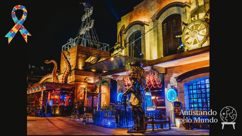 Fachada iluminada da Pizzaria Cara de Mau em Gramado, com decoração temática pirata.