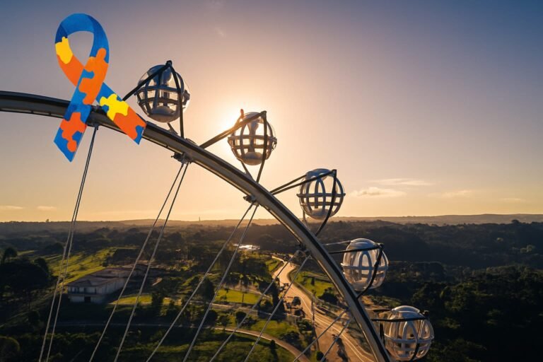 Roda-gigante do parque Mundo a Vapor em Canela, com cabines coloridas e temática de estação ferroviária.