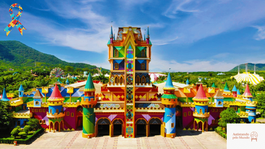 Beto Carrero Autistic Fachada colorida do parque temático Beto Carrero World com castelo vibrante, céu azul e montanhas ao fundo. Laço do autismo no canto superior esquerdo e logotipo do Autistando pelo Mundo no canto inferior direito.