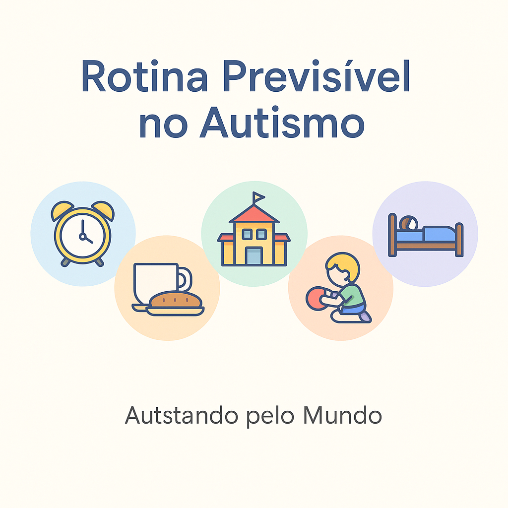 ChatGPT Image 1 de jul. de 2025, 14_30_58 Infográfico com ícones coloridos mostrando rotina previsível no autismo: acordar, tomar café, ir para a escola, brincar e dormir. Texto Rotina Previsível no Autismo e Autistando pelo Mundo.