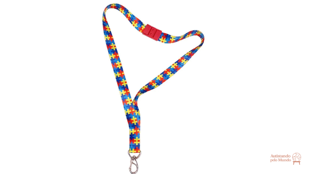 Autism cord Autistando Cordão azul do autismo com símbolo do infinito colorido, usado como identificação visual para pessoas com TEA em ambientes públicos.