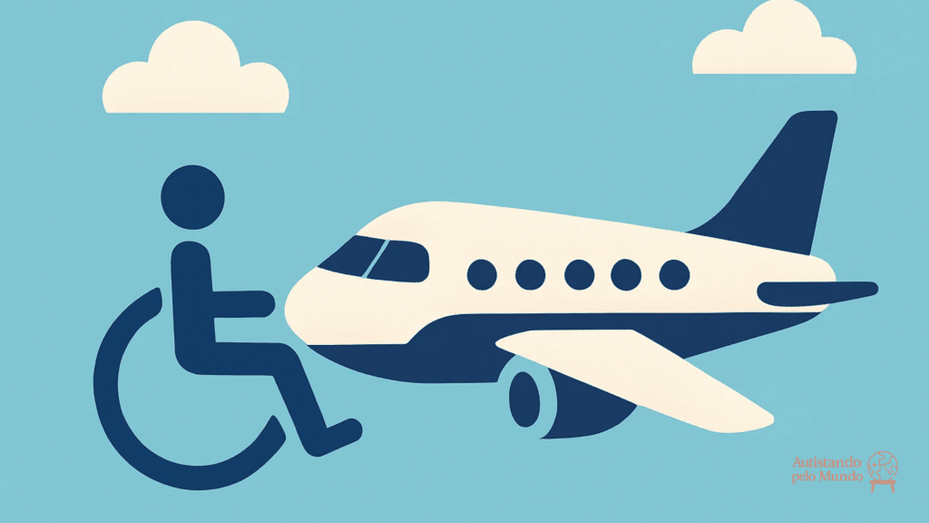 Discounted tickets for Autistic companions Ilustração em vetor de um avião branco com detalhes em azul sobre um fundo azul claro, com um ícone de acessibilidade ao lado representando uma pessoa em cadeira de rodas. Duas nuvens aparecem no céu, transmitindo a ideia de viagem acessível.