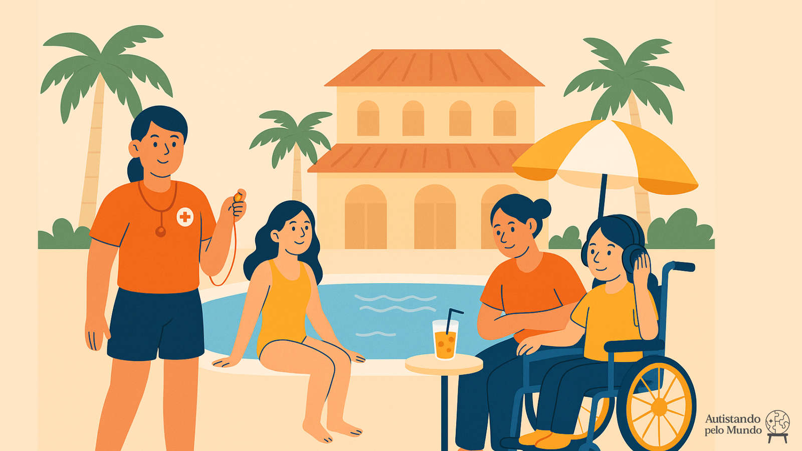 Ilustração colorida em estilo flat mostrando um hotel acolhedor, com funcionários sorridentes e famílias com crianças autistas interagindo em um ambiente inclusivo, com ícones que representam acessibilidade e bem-estar.