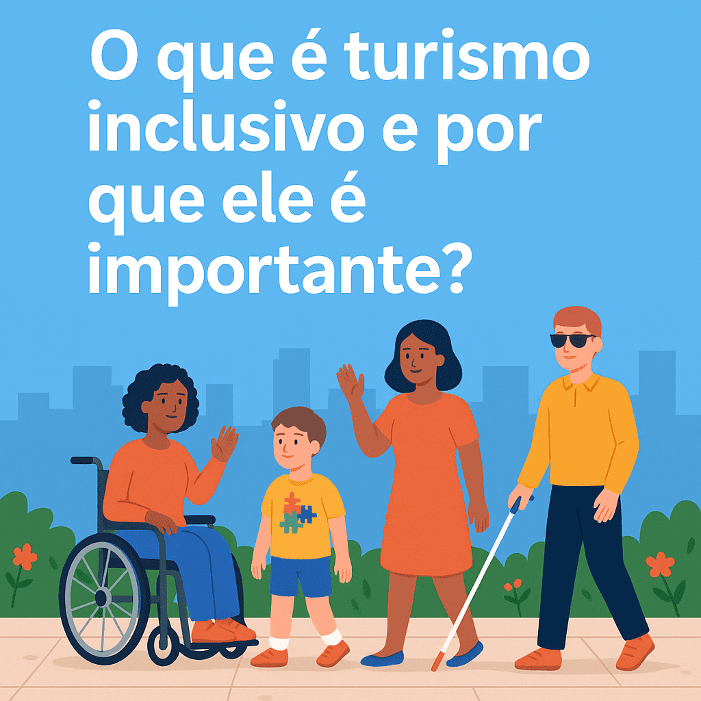 Imagem ilustrativa de turismo inclusivo com elementos de viagem como avião, mala e Cristo Redentor, junto a ícones de acessibilidade (cadeira de rodas, libras, autismo e braile). Capa do artigo 'O que é turismo inclusivo e por que ele é importante?'