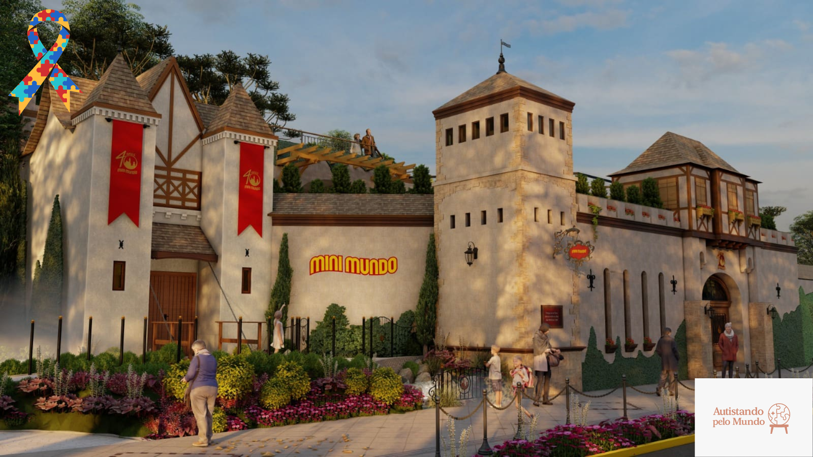 Mini Mundo em Gramado — castelo de entrada e miniaturas detalhadas; avaliação com foco em acessibilidade.