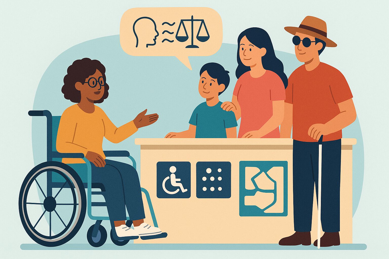 Ilustração de atendimento inclusivo com pessoas diversas em balcão de informações turísticas