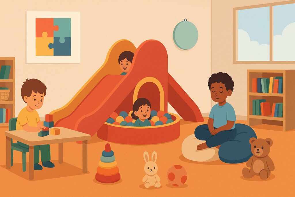 Ilustração acolhedora de um espaço kids inclusivo, com crianças brincando em um escorregador, piscina de bolinhas, mesa de blocos de montar e um cantinho calmo com almofadas, representando um ambiente amigável para crianças sensíveis e autistas.