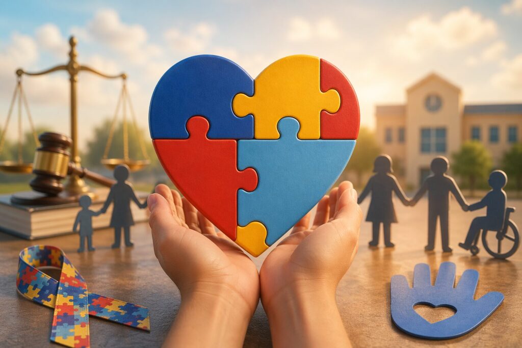 Representação do autismo no Brasil com coração de quebra-cabeça colorido nas mãos, simbolizando inclusão, direitos e conscientização