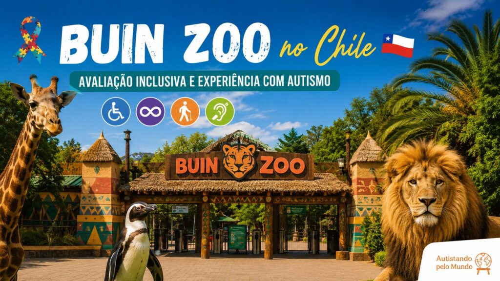 Banner do Buin Zoo no Chile com girafa, leão e pinguim em destaque na entrada do zoológico, representando avaliação inclusiva e experiência com autismo durante viagem em família.
