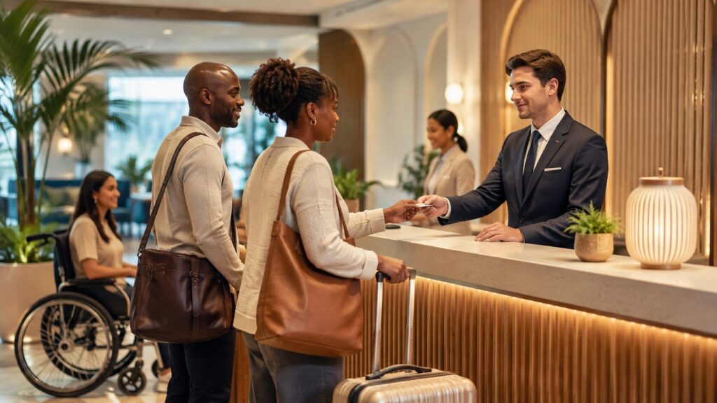 Profissional de hotelaria atendendo turistas em uma recepção acessível e inclusiva, com viajantes e pessoa em cadeira de rodas ao fundo.