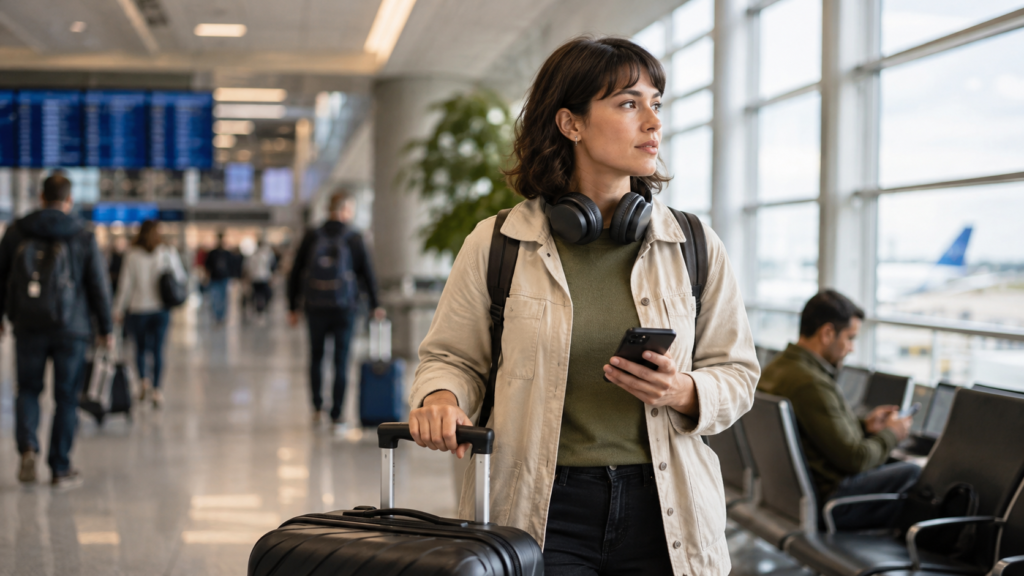 Mulher adulta viajando em aeroporto com mala de viagem, celular e fones de ouvido, representando a experiência de viajar sendo autista adulto.